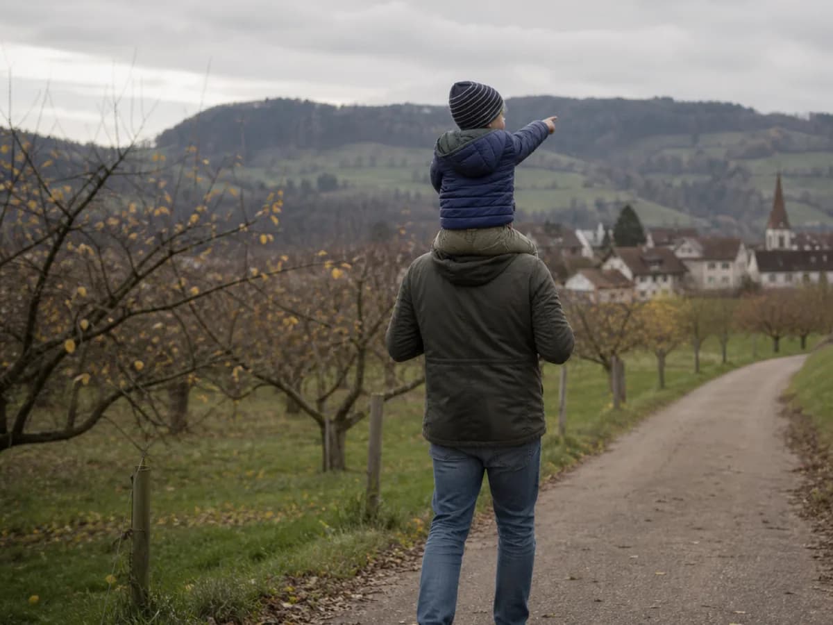 Ein Vater trägt sein Kind auf den Schultern auf einem Weg am Rand eines Schweizer Dorfes