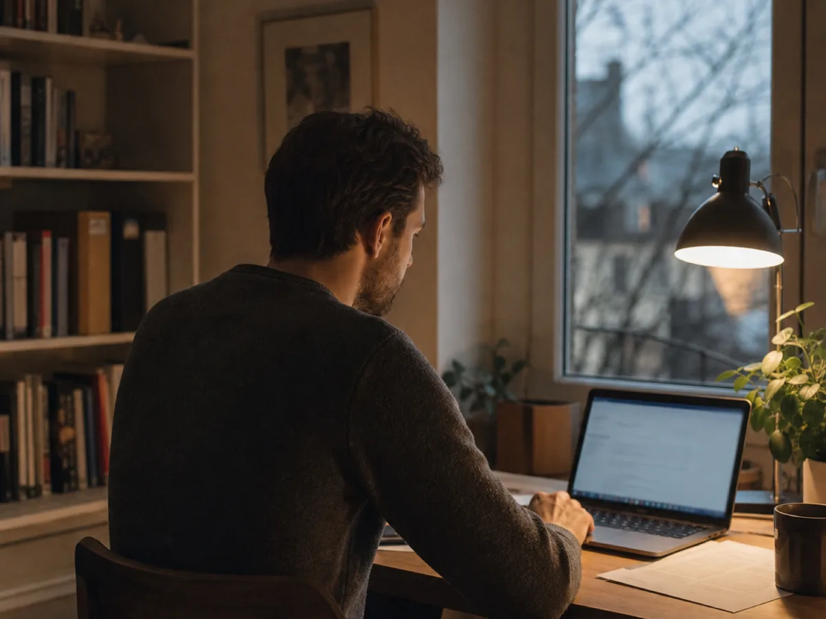 Mann am Schreibtisch gibt abends am Laptop eine Einzahlung ein, daneben ein Beleg