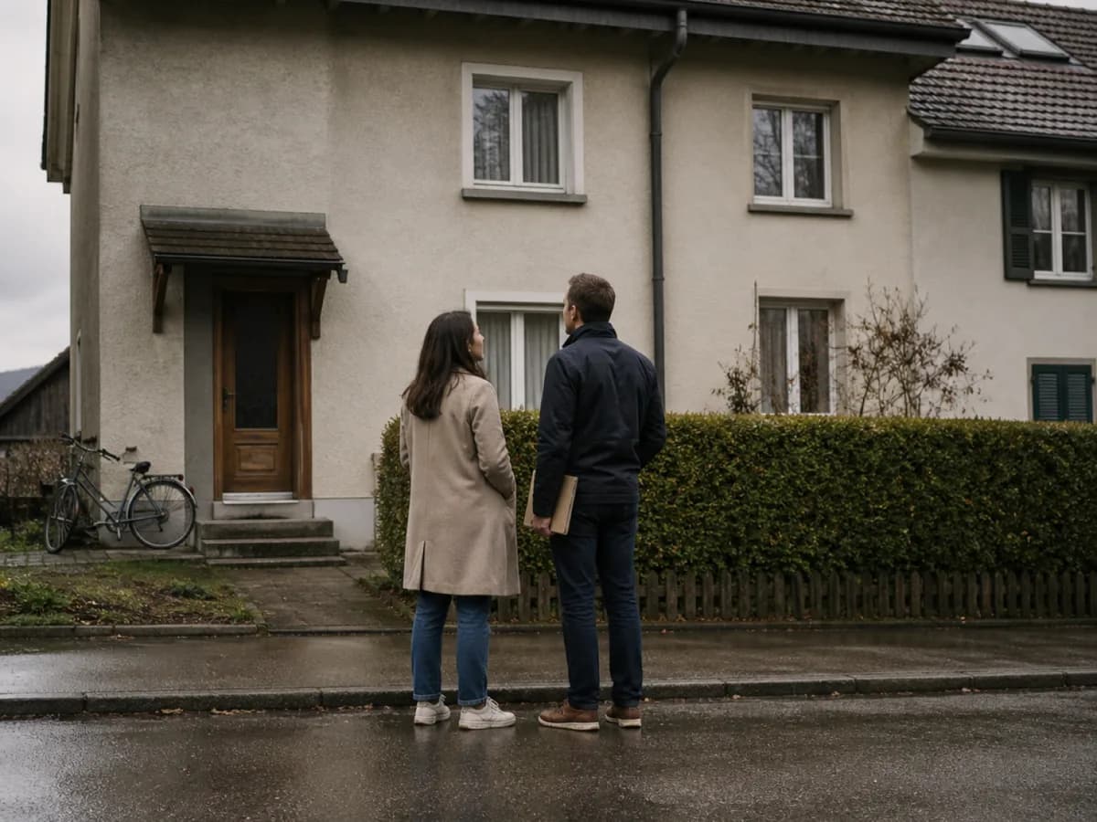 Paar steht vor einem Schweizer Einfamilienhaus und blickt zur Fassade